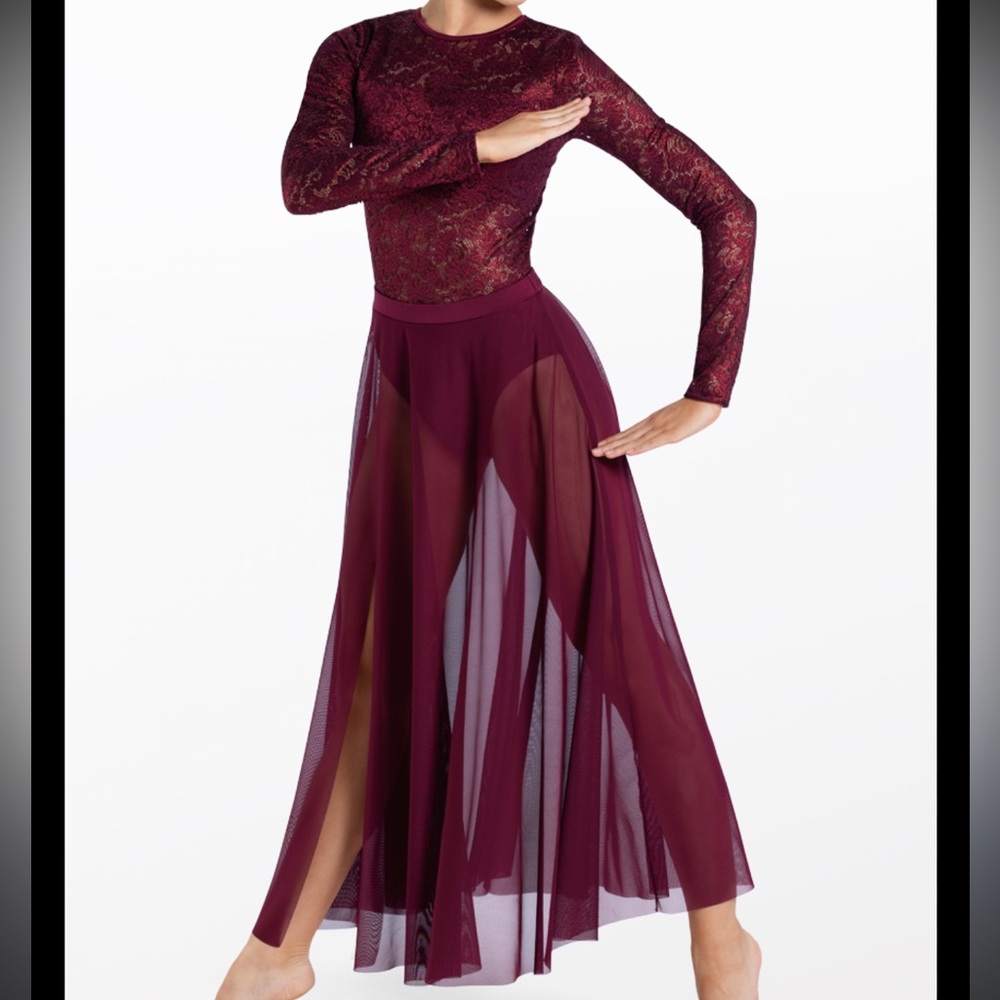 Weissman Metallic Burgundy Lace & Sheer Dance Dress ‘Slow Burn’ NEW Maxi